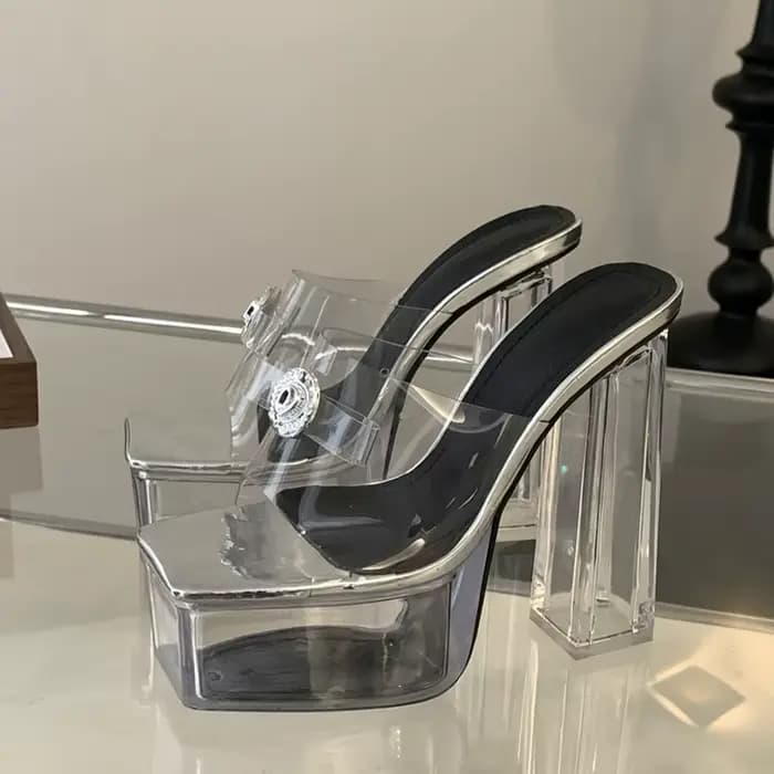 Eilyken-Pantoufles à plateforme en cristal argenté transparent pour femmes, sandales à talons carrés