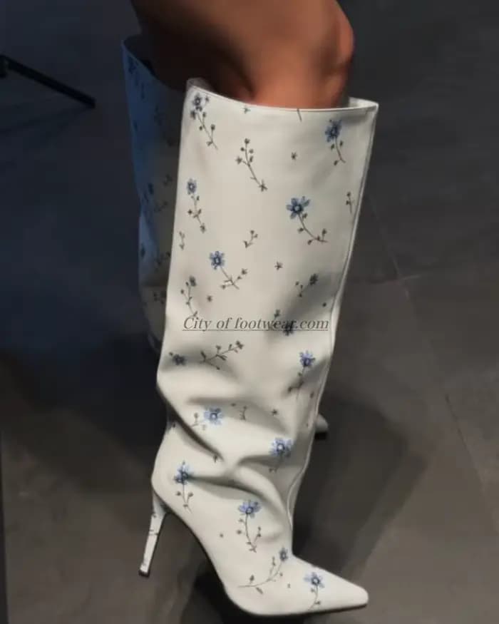 Bottes hautes en cuir marron/noir sexy pour femmes, à enfiler, imprimé fleurs bleues, bout pointu, t