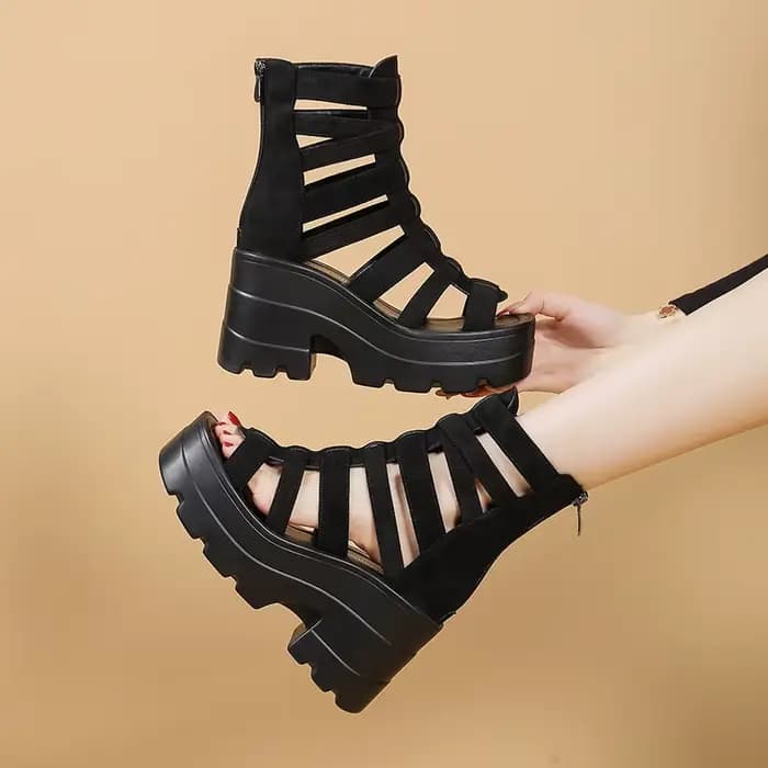Sandales à talons Super hauts pour femmes, chaussures d'été à bout rond, plateforme en cuir verni dé