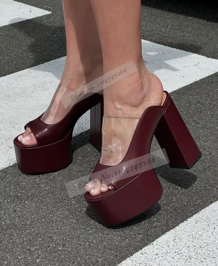 Mules à talons épais étranges bordeaux mat, Patchwork en Pvc transparent, pantoufles modernes d'exté