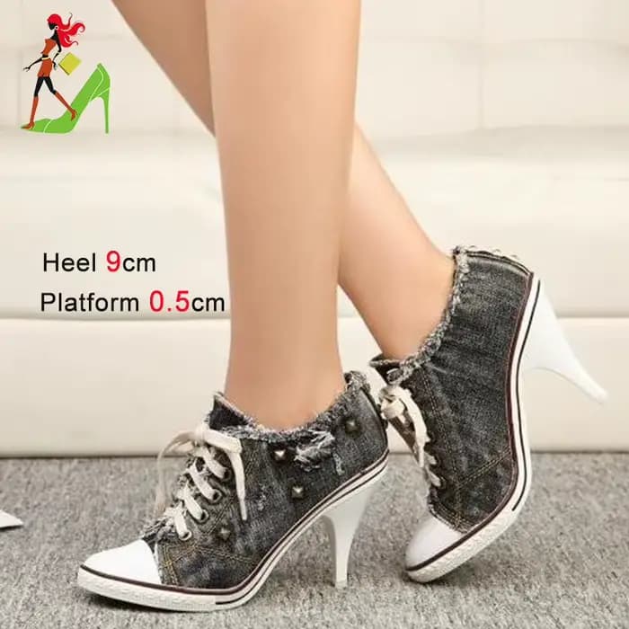 Denim femmes bottes Design Stiletto 9CM chaussures à talons hauts mode dame à lacets pointu bottines