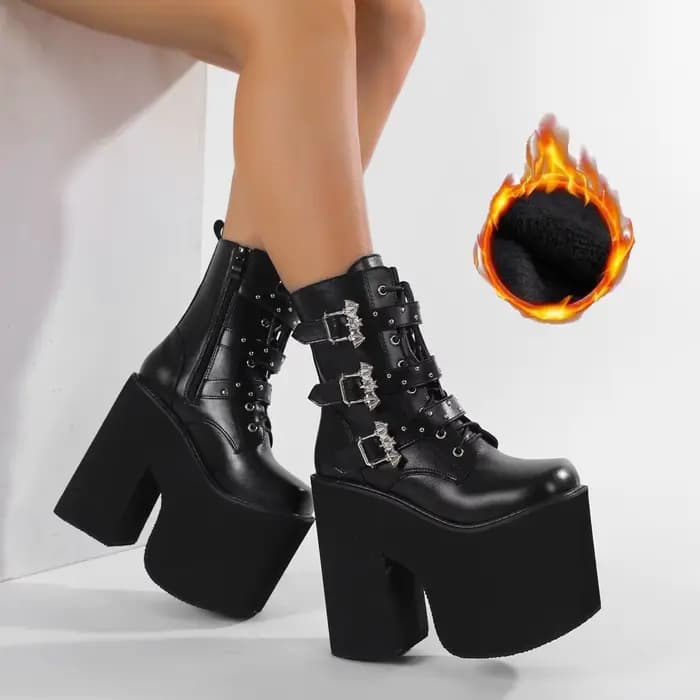 Gdgydh à lacets talon épais mi-mollet chaussons pour femmes bloc talon haut plate-forme bottes de Co