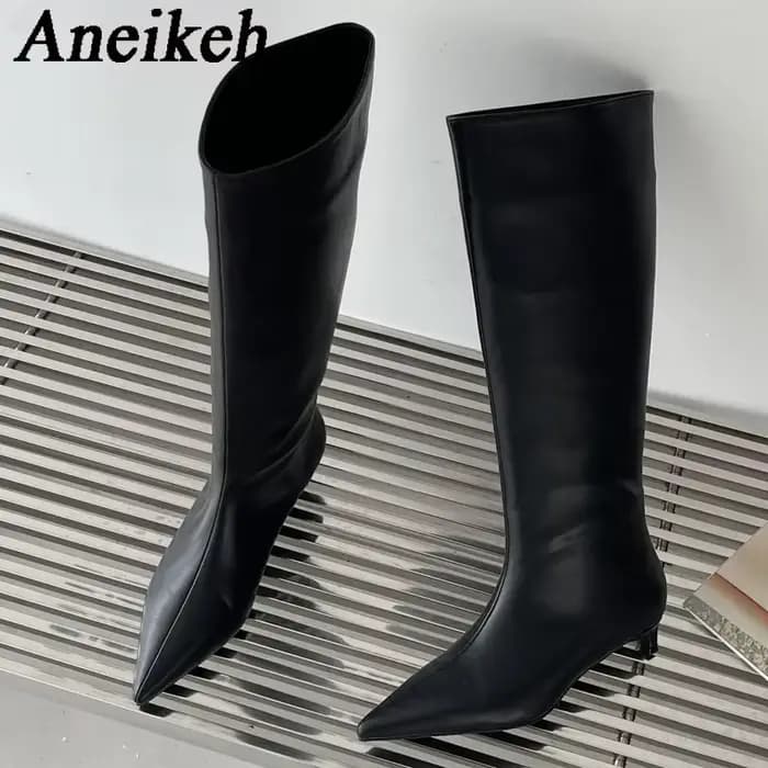 Aneikeh 2026 mode Sexy pointu talons bas genou bottes longues femmes printemps/automne PU couture fê
