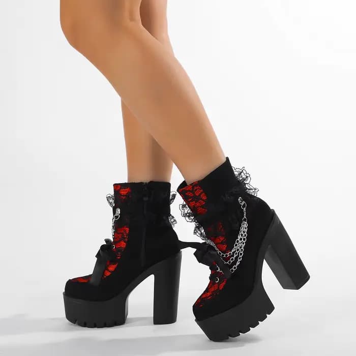 Gdgydh-Bottes gothiques vintage pour femmes, bottes de rinçage en dentelle, talon épais, fermeture à
