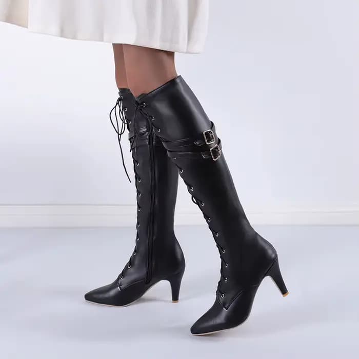Respzed-Bottes de moto pointues à lacets croisés pour femmes, talon de chat sexy, double ceinture, b