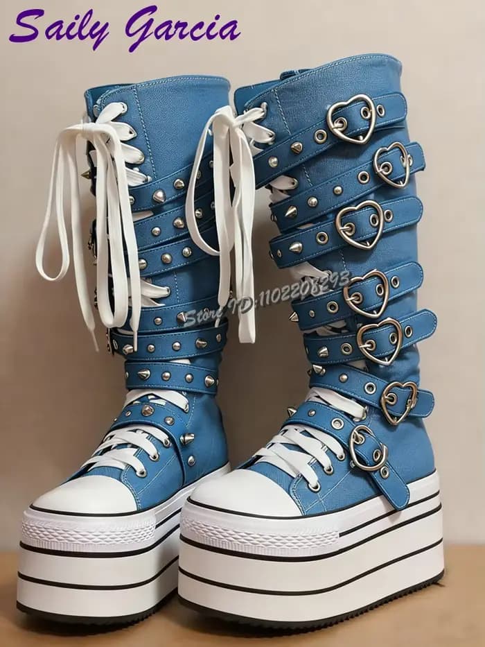 Bottes hautes en toile rose bonbon à boucle cœur, à pois, bout rond, à lacets croisés, style punk co