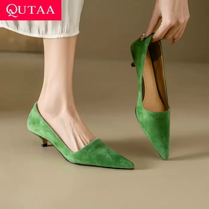 QUTAA 2025 nouvelles mode femmes pompes chaussures mi talon été enfant daim Sexy bout pointu fête bu