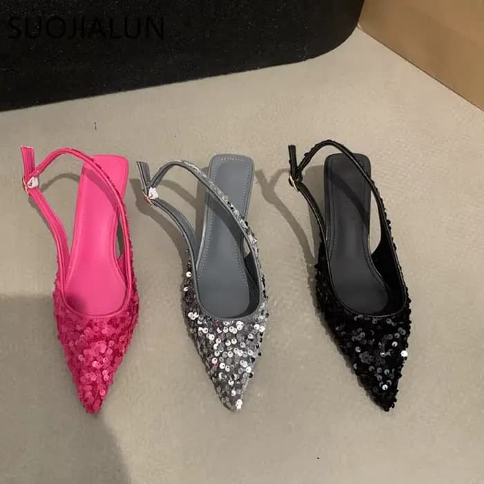 SUOJIALUN-Sandales Bling à Talons Pointus pour Femme, Escarpins à Enfiler, peu Profondes, Élégantes,
