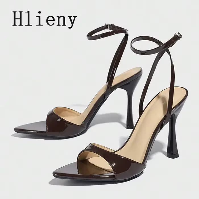 Hlieny Sexy bout pointu femmes sandales dames mince talons hauts mode en cuir verni cheville boucle