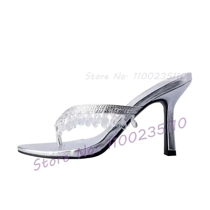 Mules à talons hauts pour femme, style Crystal Drop Heels, avec pendentif scintillant et perles, élé
