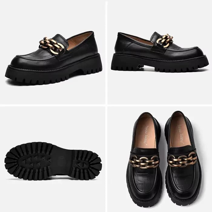 BeauToday-Mocassins épais en cuir véritable pour femme, chaussures à plateforme ronde en métal JOSli