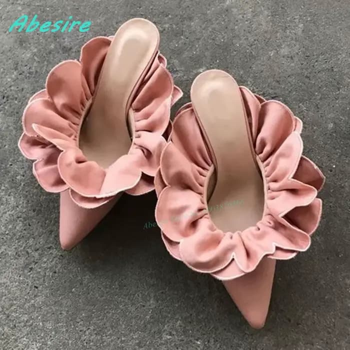 Mules roses à volants et patchwork, à enfiler, à bout pointu et talons fins, pour femmes, style Y2K,