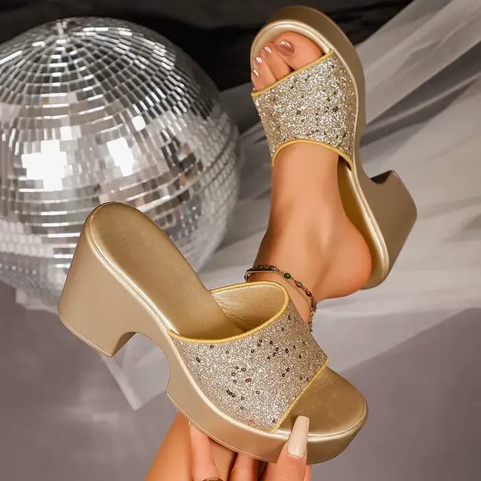 Sandales à talons hauts dorés à paillettes brillantes pour femmes, pantoufles d'extérieur à platefor