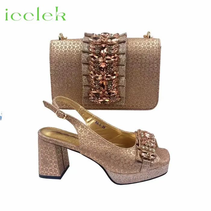 Ensemble de chaussures et de sacs à bout pointu pour femmes, brillant, mode italienne, talon, décora