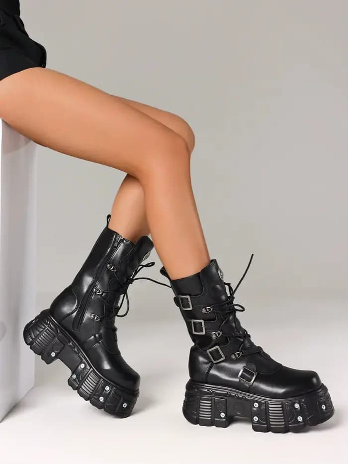 Cool mode femmes bottes de Combat talons épais fond épais goujons fermeture éclair boucle plate-form