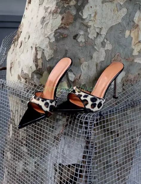Escarpins sexy bleus en daim PU verni pour femme, à bout ouvert, talon aiguille, style mule, à enfil