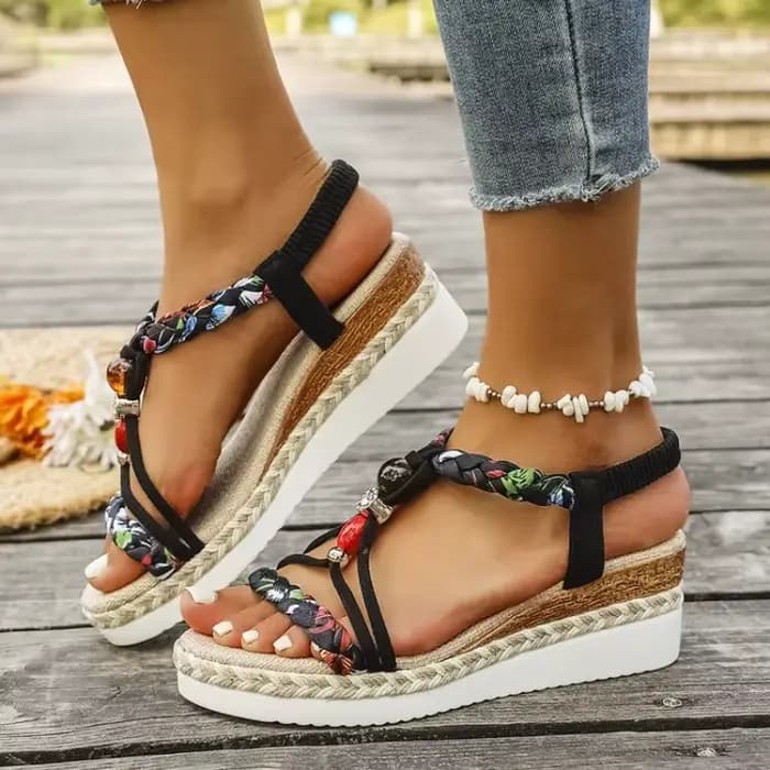 Nouvelles sandales compensées à plateforme pour femme, style T-strap, multicolores, avec bande élast