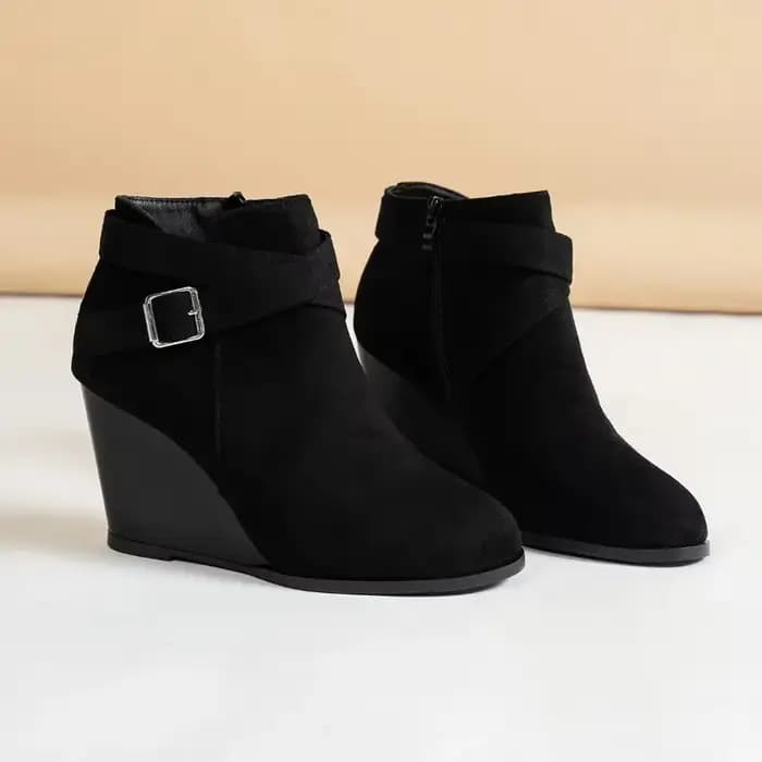 Bottines modernes à talons compensés noirs en daim avec fermeture éclair latérale pour femme, chauss