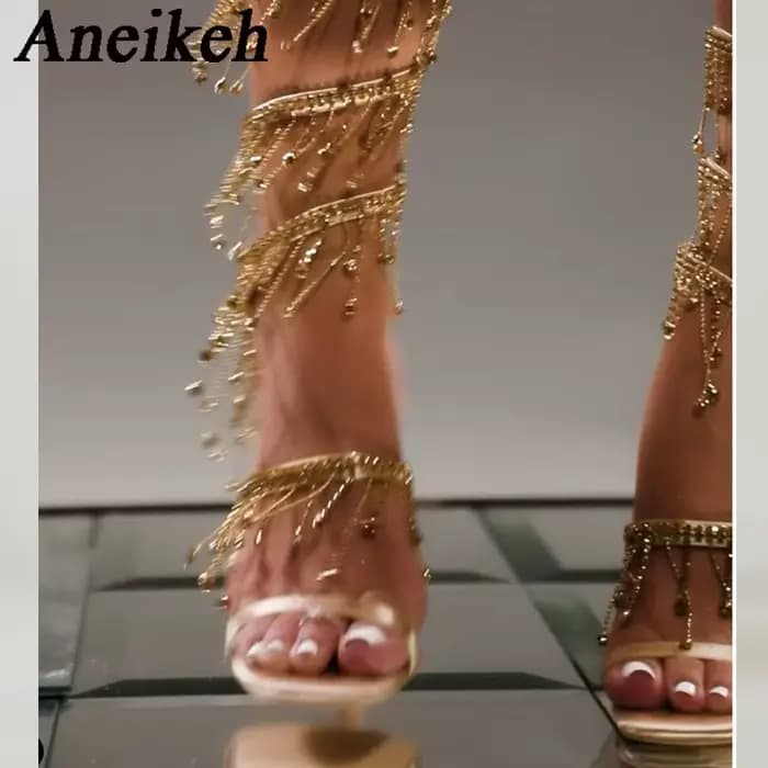 Aneikeh 2026 mode Sexy strass chaîne perle bride à la cheville talons hauts femmes été soie bout ron