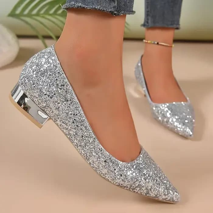 Escarpins à talons bas argentés pour femmes, chaussures de soirée à paillettes brillantes, bout poin