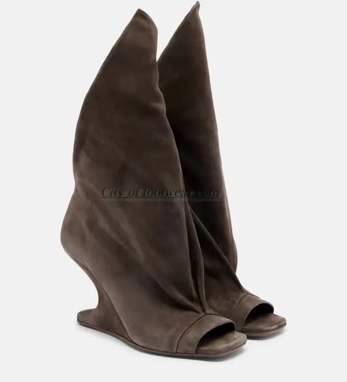 Bottines mi-mollet à talon compensé en daim peep toe pour femme, nouvelle collection été 2026, à enf