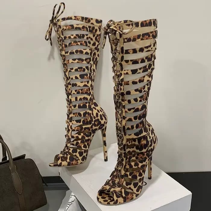 Aneikeh mode évider imprimé léopard concepteur Peep Toe femmes bottes sandales fermeture éclair minc