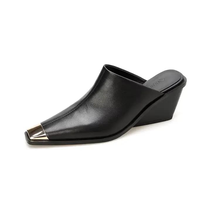 2025 nouvelles dames en cuir véritable tête en métal Mules mode Med talons épais été babouches femme