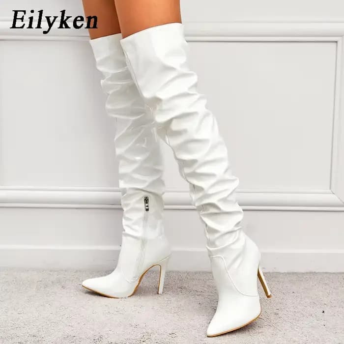 Eilyken-Cuissardes rouges pour femmes, cuissardes à talons hauts, cuir verni, solide, pointu, Parker