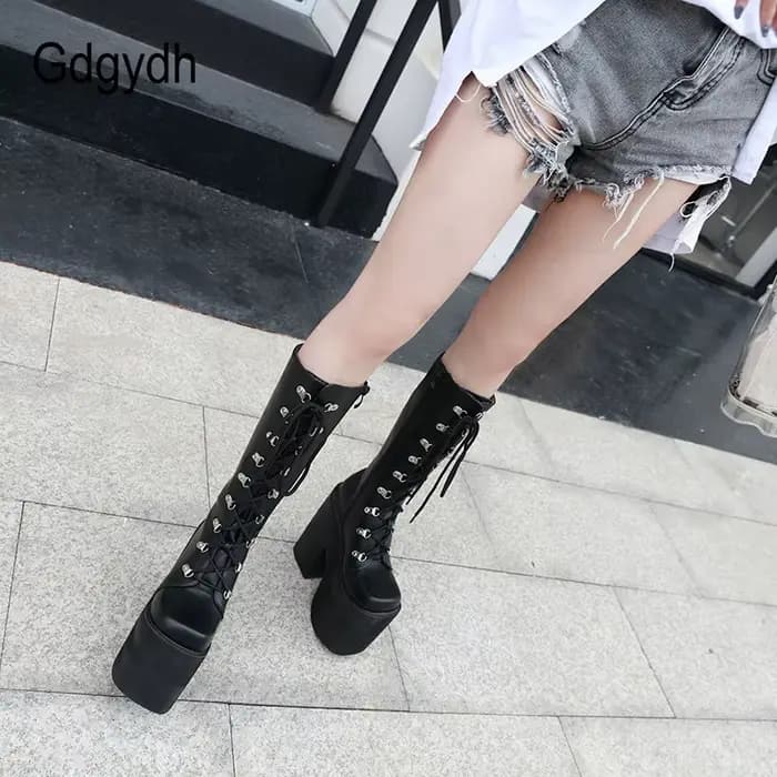 Gdgydh grande taille 43 plate-forme épaisse talons hauts extrêmes Cool motos bottes Style Punk lacet