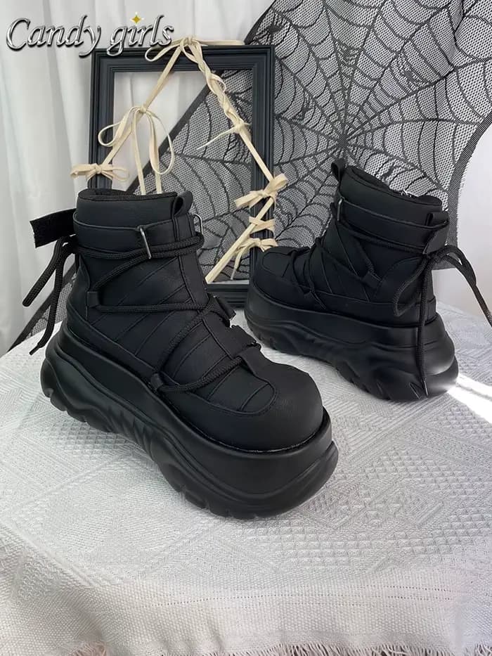 2025 Goth Dark Punk Rock Muffin femmes plate-forme chaussures noir mat cheville crochet et boucle bo
