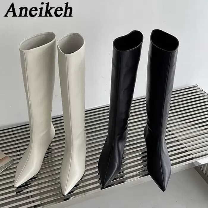 Aneikeh 2026 mode Sexy pointu talons bas genou bottes longues femmes printemps/automne PU couture fê