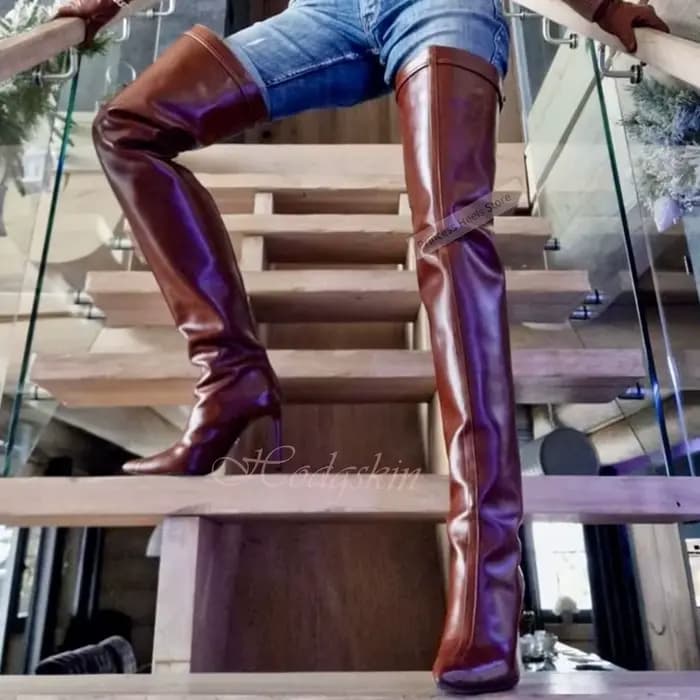 Cuissardes hautes marron foncé, bout pointu, bretelles, talons aiguilles, fermeture éclair au dos, b