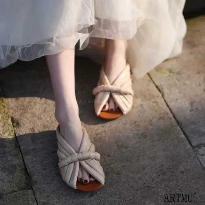 Sandales mules à nœud froncé pour femme, en cuir souple, à bout ouvert, à talon bas, beige et vert,