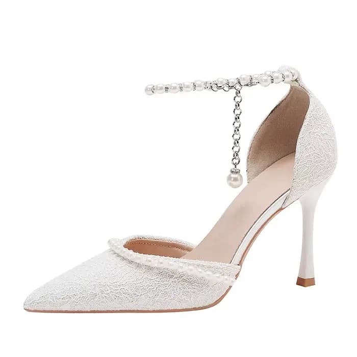 Perles sangle chaussures à talons hauts femmes été avec talon mince et Surface en dentelle bout poin