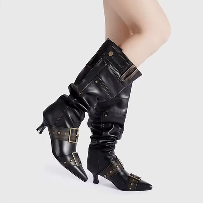 Bottes hautes en cuir verni pour femmes, chaussures à talons hauts, ceinture à bout pointu, strucMet