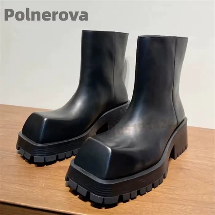 Bottes de moto à bout carré et semelle épaisse pour femmes et hommes, plateforme épaisse, cuir noir,
