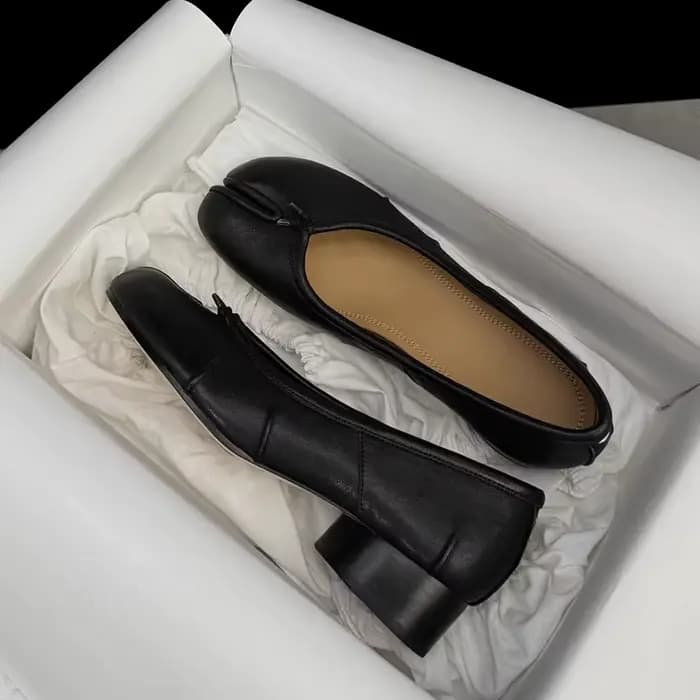 Escarpins Tabi en cuir véritable pour femme, à bout fendu, plissés, à talon bas, semelles souples, s