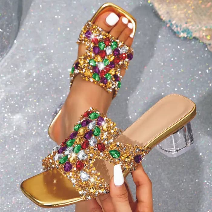 Sandales à talons hauts dorées confortables et élégantes, mules décontractées à bout carré pour femm