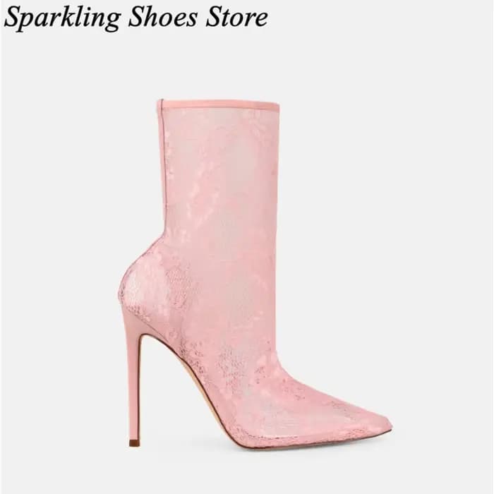 Bottes d'été sexy roses en dentelle et résille, à bout pointu, mi-mollet, talons hauts, décor floral