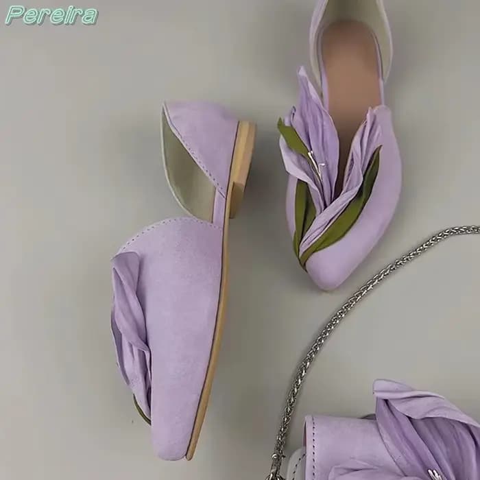 Blossom-Escarpins pointus à talon carré pour femmes, fleur de lys, bleu, vert, violet, pétales, chau