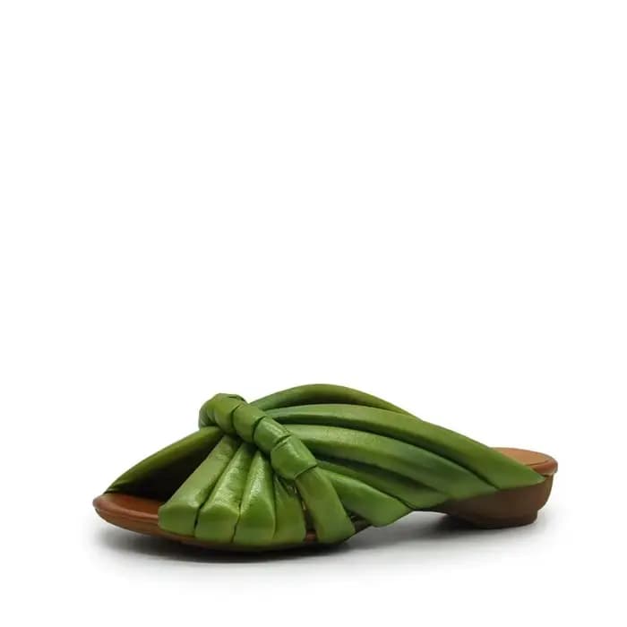 Sandales mules à nœud froncé pour femme, en cuir souple, à bout ouvert, à talon bas, beige et vert,