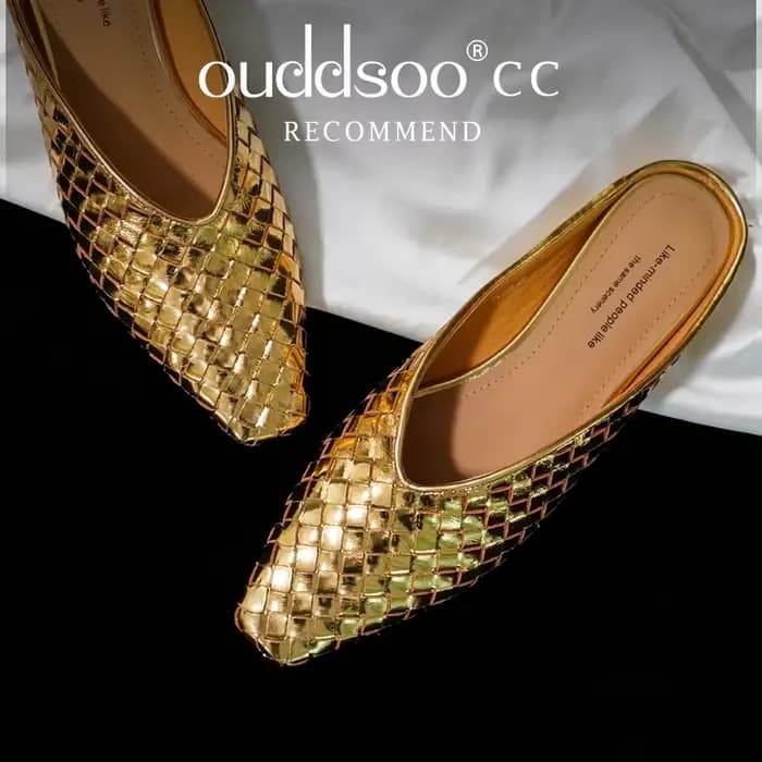 Mules de luxe Ods Gold Silver, pantoufles tissées, bout carré, talon plat, design à enfiler, chaussu