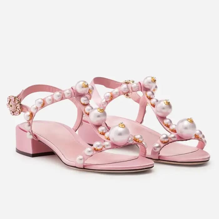 Sandales pour femmes à lanière en T, rose nacré, scintillantes, mignonnes, à talons bas et semelle p