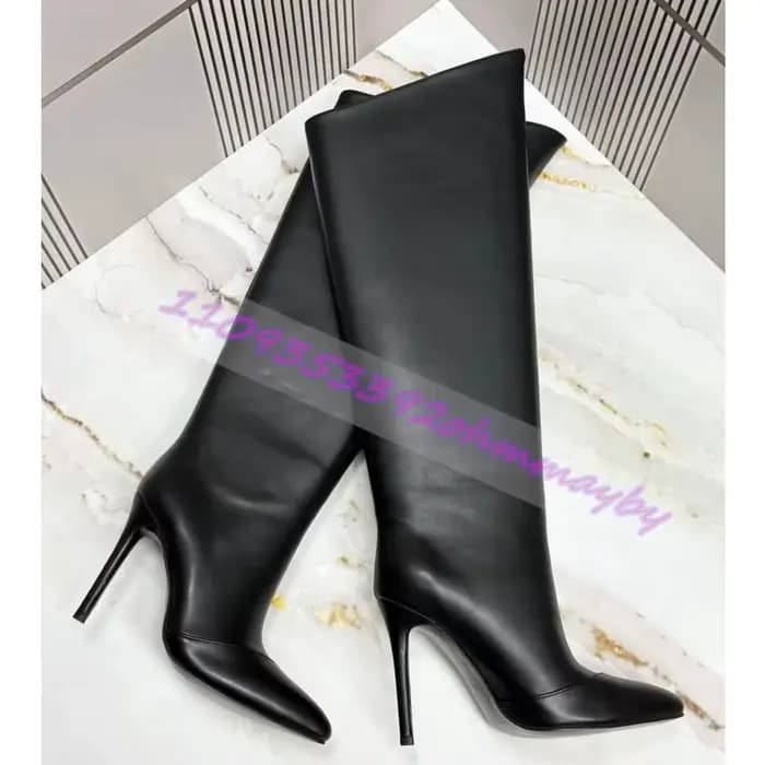 Bottes hautes aux genoux pour femmes, couleur unie, bout pointu, talon aiguille, à enfiler, mode fêt