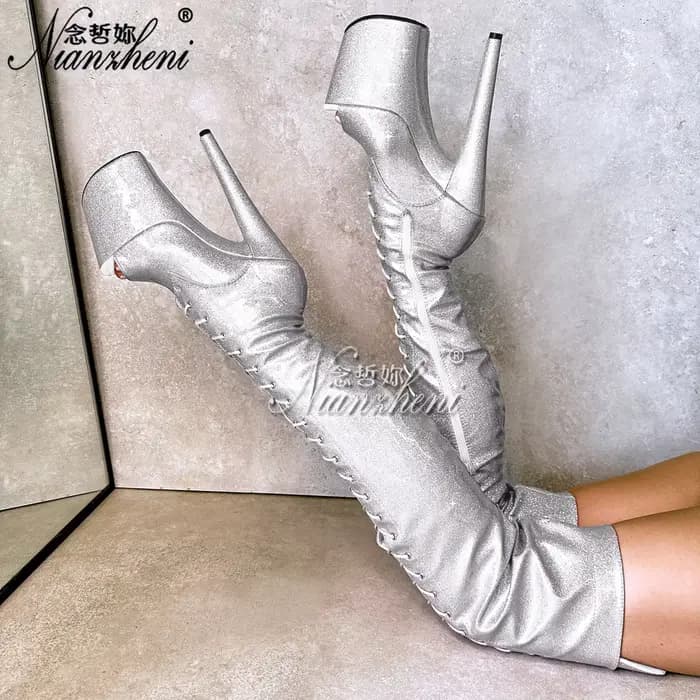 Nouveauté bouledogue français 8 pouces talons hauts fins Peep Toe pôle danse 20 cm sur le genou bott