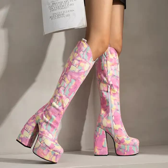 Bottes à plateforme super imperméables pour femmes, talon épais étrange, graffiti, peluche, fermetur
