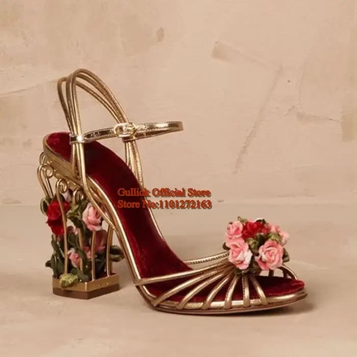 Cage à oiseaux de luxe femmes sandales or métallique cuir sandales à lanières fleur florale bride à