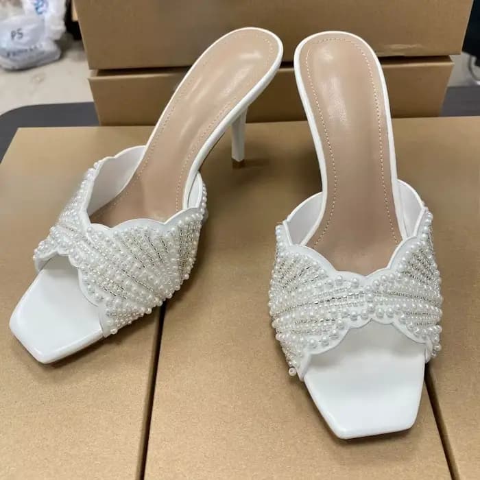 Élégantes sandales mules d'été à talons hauts pour femmes, à bout ouvert, ornées de perles, escarpin