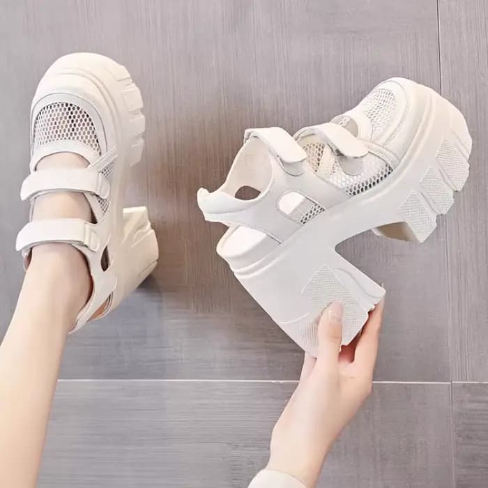 Sandales pour femmes à bout ouvert, plateforme, talon bloc haut, empeigne en maille, découpes, à bri