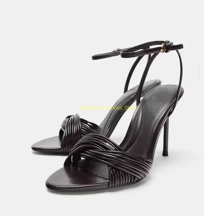 Sandales à talons aiguilles torsadées à brides, bout ouvert, bride de cheville à boucle, bout rond,